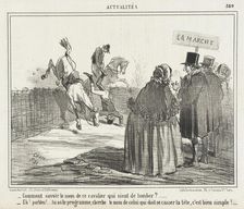 Comment savoir le nom de ce cavalier qui vient de tomber?... 1857. Creator: Cham