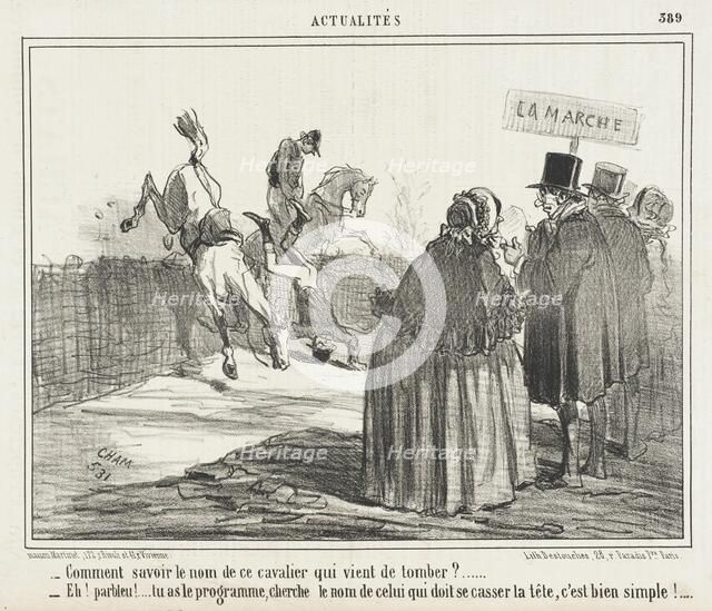 Comment savoir le nom de ce cavalier qui vient de tomber?... 1857. Creator: Cham.