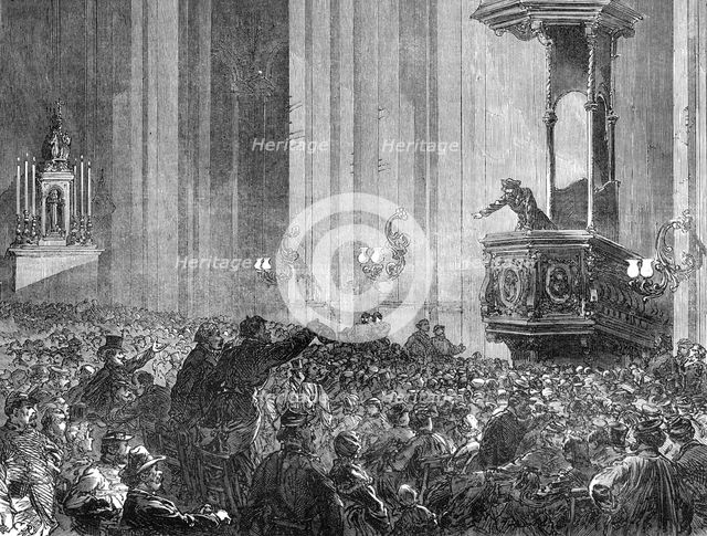 Communist club meeting in the Church of St. Eustache, Paris, 1871. Creator: C. R..