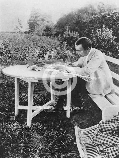 Composer Sergei Rachmaninov (1873-1943) Correction of the Piano Concerto No. 3 in Ivanovka, 1910.