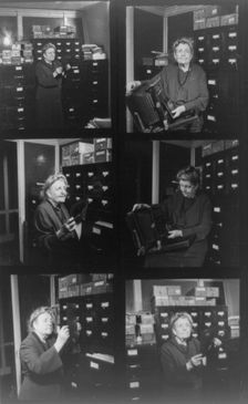 Composite of 6 contact photoprints of Frances Benjamin Johnston in her office..., 1940s. Creator: Frances Benjamin Johnston