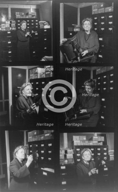 Composite of 6 contact photoprints of Frances Benjamin Johnston in her office..., 1940s. Creator: Frances Benjamin Johnston.