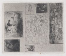 Composite plate: Woman and Children (a), Old Musician (b), Frying Merchant (c), Landscape ..., 1843. Creator: Charles Emile Jacque