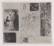 Composite plate: Woman and Children (a), Old Musician (b), Frying Merchant (c), Landscape ..., 1843. Creator: Charles Emile Jacque