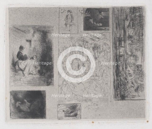 Composite plate: Woman and Children (a), Old Musician (b), Frying Merchant (c), Landscape ..., 1843. Creator: Charles Emile Jacque.