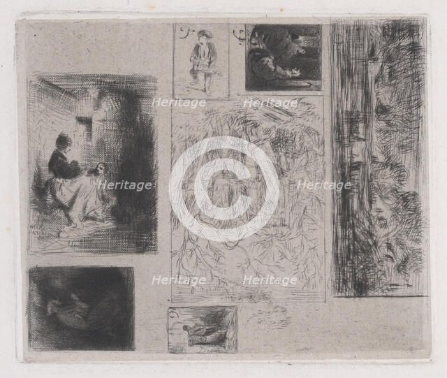 Composite plate: Woman and Children (a), Old Musician (b), Frying Merchant (c), Landscape ..., 1843. Creator: Charles Emile Jacque.