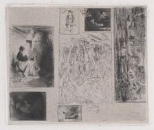 Composite plate: Woman and Children (a), Old Musician (b), Frying Merchant (c), Landscape ..., 1843. Creator: Charles Emile Jacque