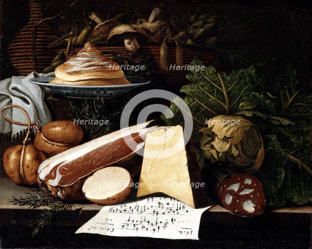 Composition with salami, cheese and vegetables.