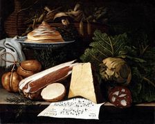 Composition with salami, cheese and vegetables