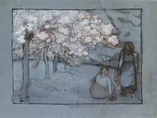 Compositional study of two female peasants conversing in an orchard, c1894. Artist: Camille Pissarro