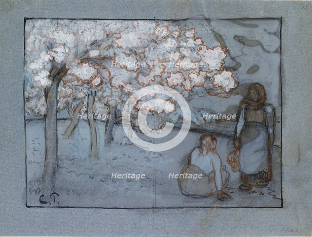 Compositional study of two female peasants conversing in an orchard, c1894. Artist: Camille Pissarro.