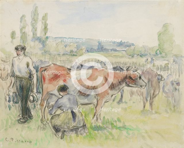 Compositional study of a milking scene at Eragny-sur-Epte, 1884. Artist: Camille Pissarro.