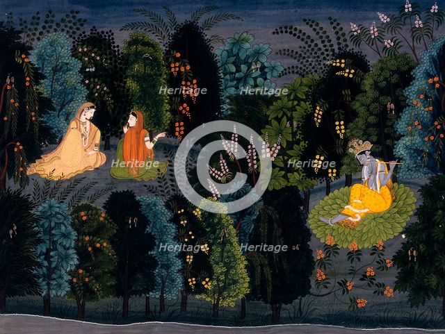 Companion Persuading Radha as Krishna Flutes, Folio from the "Lambagraon"..., c1825. Creator: Anon.
