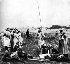 Company of German scouts receiving telephone instructions, First World War, 1914