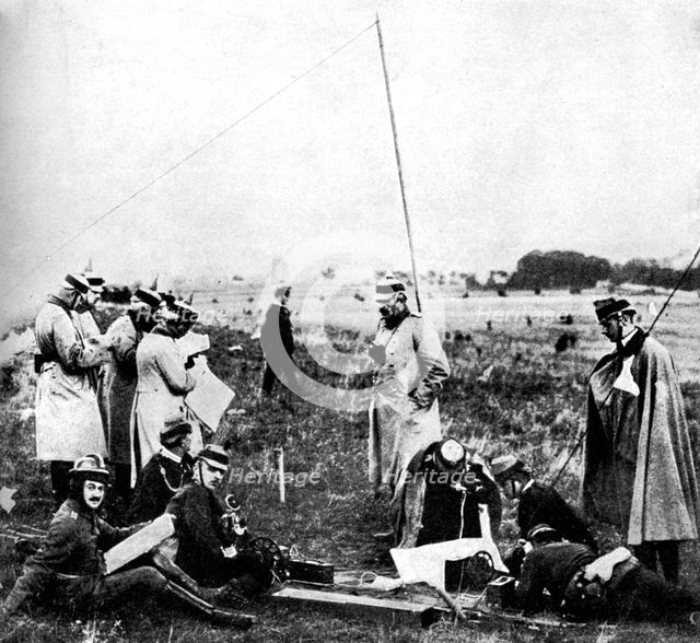 Company of German scouts receiving telephone instructions, First World War, 1914. Artist: Unknown