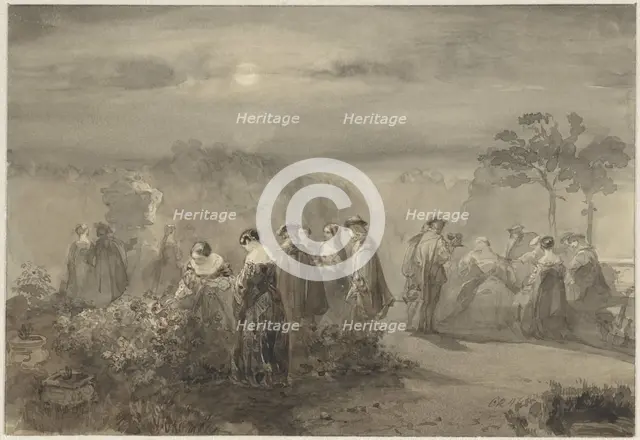 Company of ladies and gentlemen in a court with rose bushes that are lit by the moon, 1847. Creator: Charles Rochussen.