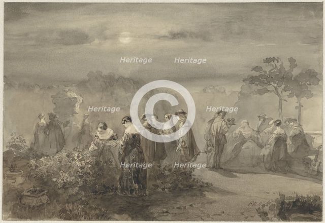 Company of ladies and gentlemen in a court with rose bushes that are lit by the moon, 1847. Creator: Charles Rochussen.