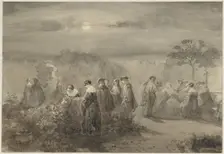 Company of ladies and gentlemen in a court with rose bushes that are lit by the moon, 1847. Creator: Charles Rochussen