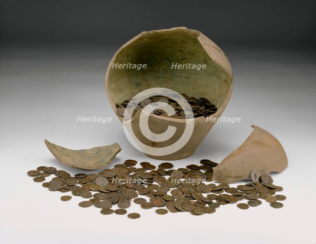 Complete local Roman imperial coin hoard with jar (The Chalgrove II Hoard), 3rd century.. Artist: Unknown.