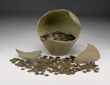 Complete local Roman imperial coin hoard with jar (The Chalgrove II Hoard), 3rd century.