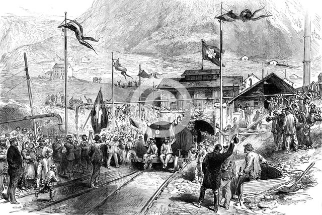 Completion of the St. Gothard Tunnel: arrival at Airolo of the first train…, 1880. Creator: Unknown.