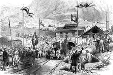Completion of the St. Gothard Tunnel: arrival at Airolo of the first train…, 1880. Creator: Unknown