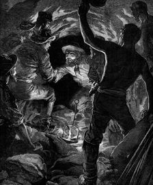 Completion of the St. Gothard Tunnel: meeting of workmen...in centre of tunnel, 1880. Creator: Unknown