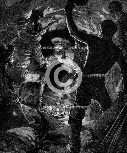 Completion of the St. Gothard Tunnel: meeting of workmen...in centre of tunnel, 1880. Creator: Unknown.