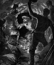 Completion of the St. Gothard Tunnel: meeting of workmen...in centre of tunnel, 1880. Creator: Unknown