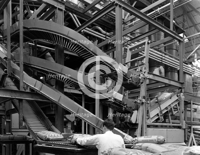Complex conveyor delivery, Spillers Animal Foods, Gainsborough, Lincolnshire, 1962. Creator: Michael Walters.