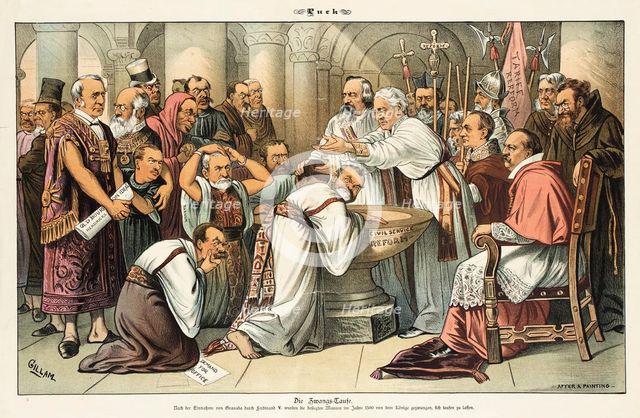 "Compulsory Baptism. In 1500, after the Conquest of Granada, Ferdinand V..., 11 March 1885. Creator: Bernhard Gillam.