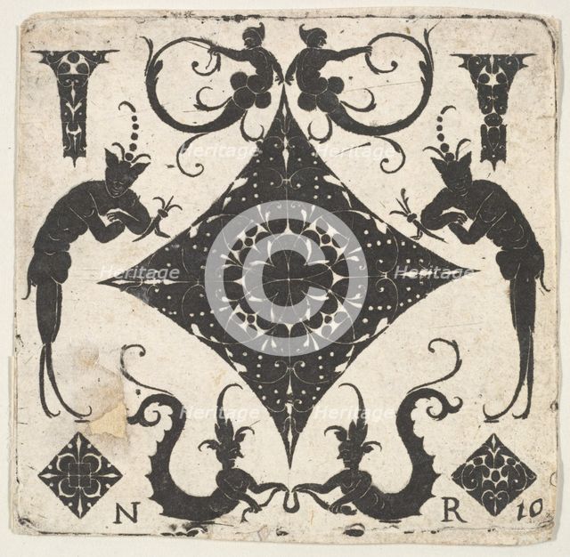 Concave Lozenge-shaped Panel and Grotesque Figures, ca. 1620-30. Creator: Noel Rouillard.