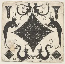 Concave Lozenge-shaped Panel and Grotesque Figures, ca. 1620-30. Creator: Noel Rouillard