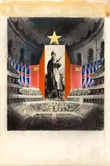 Concert hall [Albert Hall?] and orchestra against picture of Russian infantryman, (c1943?). Creators: Central Office of Information, Unknown