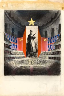Concert hall [Albert Hall?] and orchestra against picture of Russian infantryman, (c1943?). Creators: Central Office of Information, Unknown
