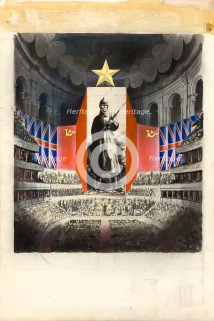 Concert hall [Albert Hall?] and orchestra against picture of Russian infantryman, (c1943?). Creators: Central Office of Information, Unknown.