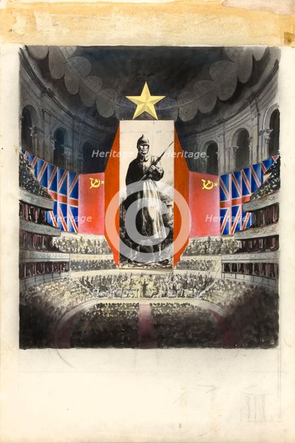 Concert hall [Albert Hall?] and orchestra against picture of Russian infantryman, (c1943?). Creators: Central Office of Information, Unknown.