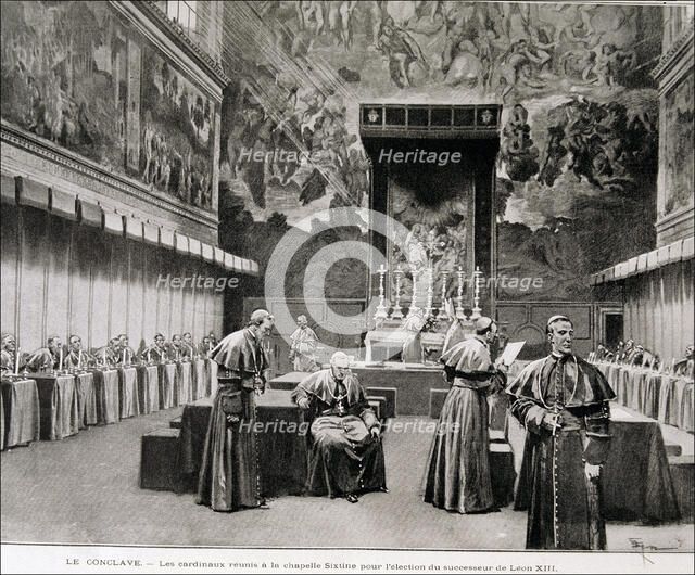 Conclave in the Sistine Chapel to choose a successor to Leon XIII, engraving in the 'Ilustración …