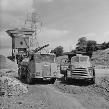 Concrete batching plant on construction site of the London to Yorkshire Motorway (M1), 23/07/1958. Creator: John Laing plc