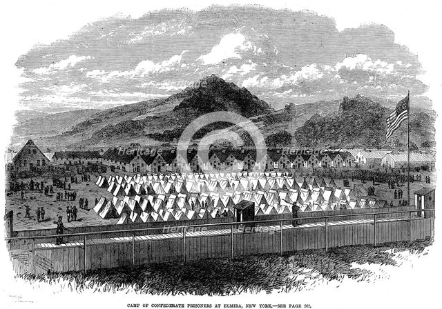 Confederate prisoners in a prison camp at Elmira, New York State, American Civil War, 1865. Artist: Unknown