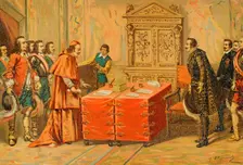Conferences on Pheasant Island held between Luis Méndez de Haro...and Cardinal Mazarin...1890. Creator: Juan Alaminos