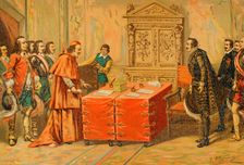 Conferences on Pheasant Island held between Luis Méndez de Haro...and Cardinal Mazarin...1890. Creator: Juan Alaminos