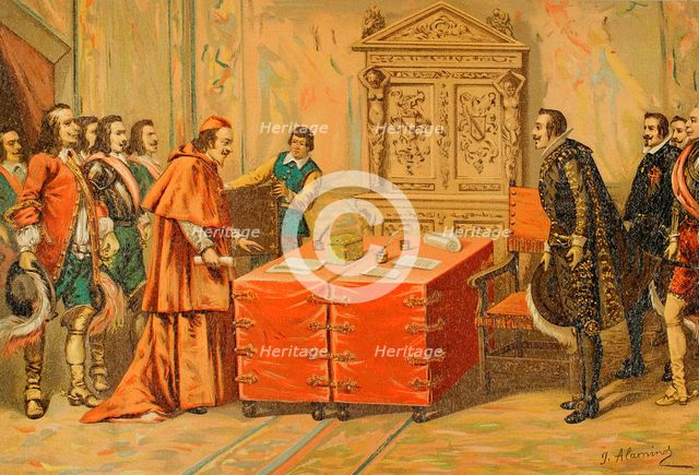 Conferences on Pheasant Island held between Luis Méndez de Haro...and Cardinal Mazarin...1890.  Creator: Juan Alaminos.