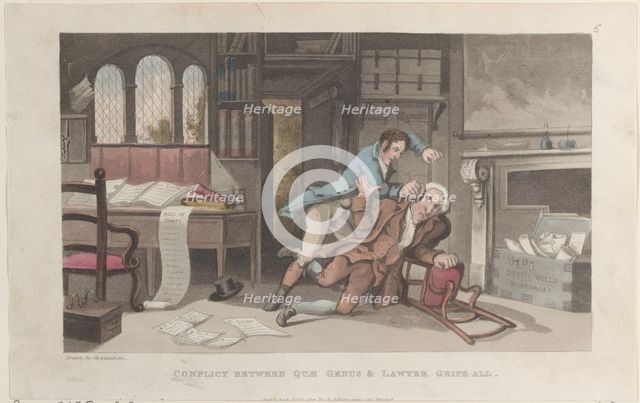Conflict Between Quae Genus and Lawyer Gripe-all, from "The History of Johnny Q..., October 1, 1821. Creator: Thomas Rowlandson.