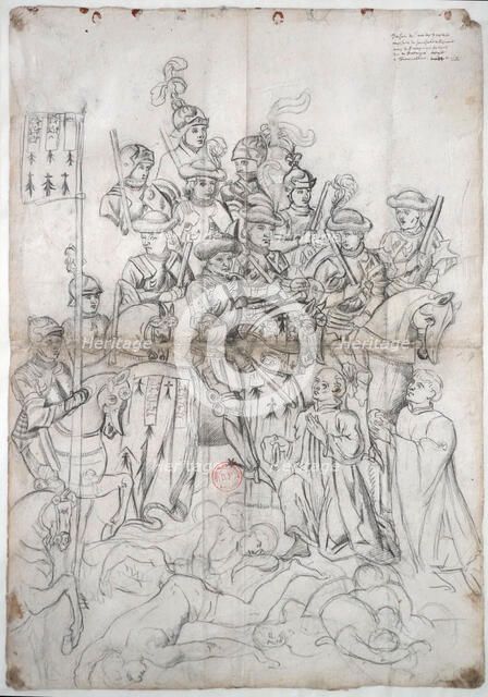 Connétable de Richemont burying the dead after the Battle of Formigny, 1621. Creator: Fouquet; Jean (workshop) ().