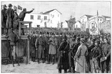 Constabulary guarding a government reporter at a plan of campaign meeting, Ireland, 1887