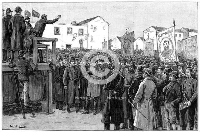 Constabulary guarding a government reporter at a 'plan of campaign' meeting, Ireland, 1887. Artist: Unknown