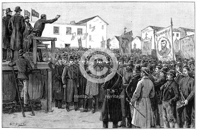 Constabulary guarding a government reporter at a 'plan of campaign' meeting, Ireland, 1887. Artist: Unknown