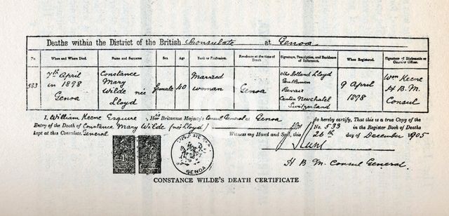 Constance Wilde's death certificate, 1898. Creator: Unknown.