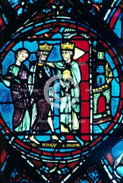 Constantine greets Charlemagne at Constantinople, stained glass, Chartres Cathedral, France, c1225. Artist: Unknown